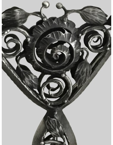 Detail of Muller Frères France Art Deco wrought iron table lamp with double shade, signed.