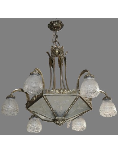 8-flammige deckenleuchte aus silberbronze montur, 6 glaskelchen und mittig aufgelegten glasscheiben, geätzt mit blumenmotiv