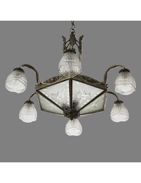 8-flammige deckenleuchte aus silberbronze montur, 6 glaskelchen und mittig aufgelegten glasscheiben, geätzt mit blumenmotiv