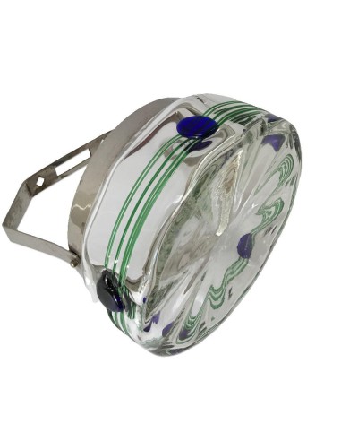 Glas-Henkelschale von Poschinger aus der Serie Harka mit blauen Nuppen und grüner Spinnung und vernickelter Montur