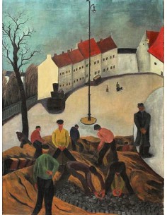 Le tableau montre des ouvriers de la route devant un groupe de maisons aux toits rouges