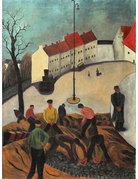 The genre painting shows road workers in front of a group of houses