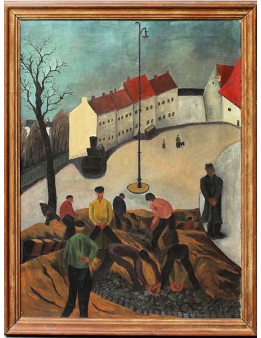 Gemälde mit Arbeitern bei Straßenarbeiten, sozialrealistische Darstellung, Häusergruppe im Hintergrund, frühes 20. Jh.