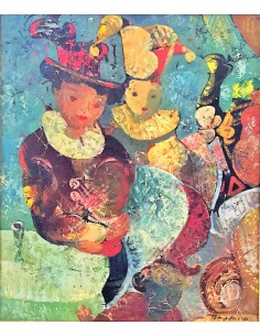 le tableau d'Igor Tcholaria montre deux arlequins en robes colorées avec des chapeaux lors d'un festival de cirque