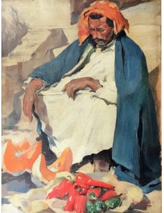 Oriental painting by Max Moreau from 1929, spice merchant
