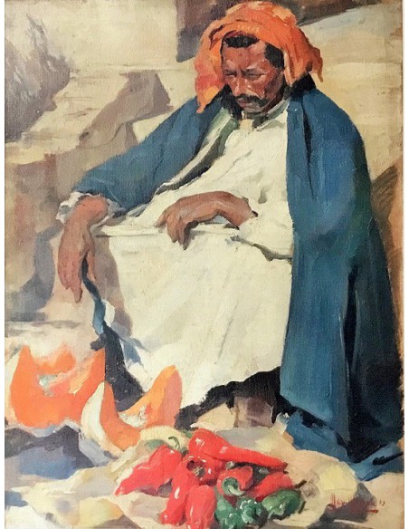 Orientalischer Gemüsehändler mit Kürbissen und Paprika, sitzend in traditioneller Kleidung – Gemälde von Max Moreau, 1929