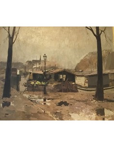 Painting Armand Apol of 1910 with houseboat, barracks and vegetable stand on a misty riverbank