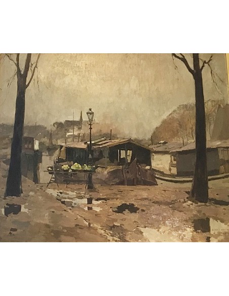 Painting Armand Apol of 1910 with houseboat, barracks and vegetable stand on a misty riverbank