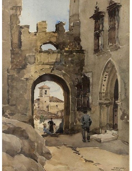 van Mens, Isidore, Aquarell, Straßenszene in Trujillo, Spanien