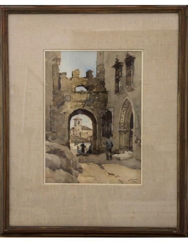 van Mens, Isidore, Aquarell, Straßenszene in Trujillo, Spanien.