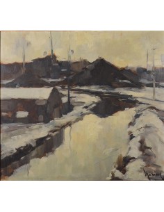 Le tableau d'Albert Mascaux montre un paysage hivernal enneigé dans les Ardennes dans des tons de gris et de brun.