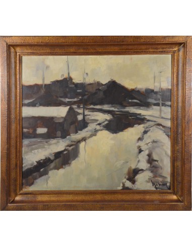 The painting by Albert Mascaux shows a snowy winter landscape in the Ardennes in shades of grey and brown.