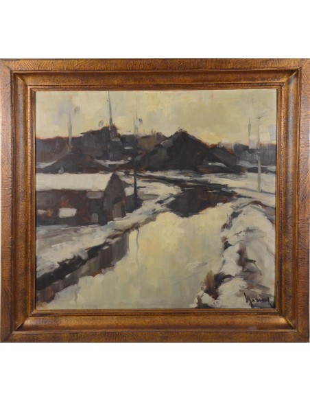 Le tableau d'Albert Mascaux montre un paysage hivernal enneigé dans les Ardennes dans des tons de gris et de brun.