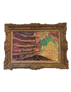 Farbenfrohes Gemälde "Opera" von Paul Hagemans, volles Opernhaus mit Bühne und Publikum auf mehreren Rängen, 1933.“ 2