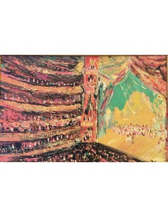 Farbenfrohes Gemälde "Opera" von Paul Hagemans, volles Opernhaus mit Bühne und Publikum auf mehreren Rängen, 1933.“