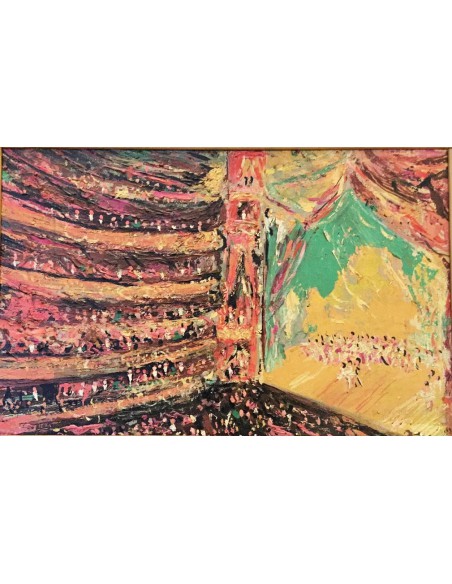 Colorful painting "Opera" by Paul Hagemans, full opera house with stage and audience on several tiers, 1933.