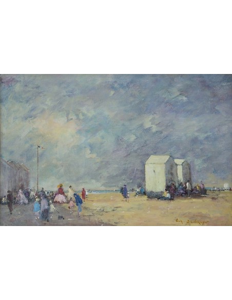 Tableau de Meyer Trouville: Vue de la plage avec une scène animée, un éclairage subtil et un coup de pinceau impressionniste.