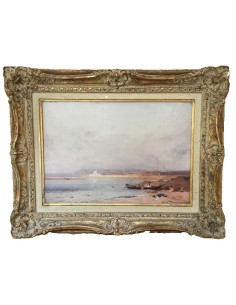 Peinture Henri Duvieux, Vue sur le Bosphore avec Istanbul et minaret en arrière-plan, bateau de pêche et gens sur le rivage