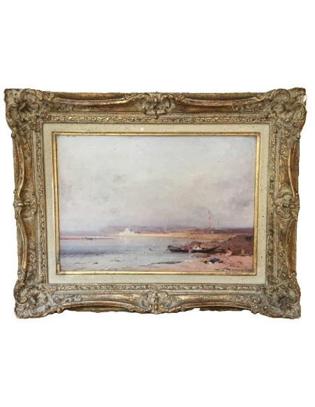 Gemälde Henri Duvieux, Blick über den Bosporus mit Istanbul und Minarett im Hintergrund, Fischerboot mit Menschen am Ufer