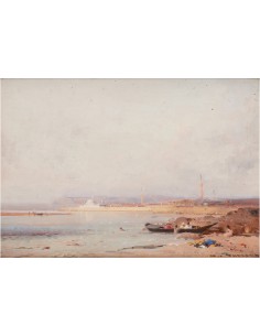 Peinture Henri Duvieux, Vue sur le Bosphore avec Istanbul et minaret en arrière-plan, bateau de pêche et gens sur le rivage 2
