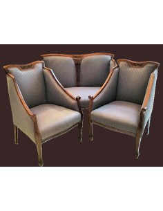 3-teilige Jugendstil Sitzgruppe, Zweisitzer und 2 Sessel, aus Nußholz mit Intarsien, voll gepolstert 2
