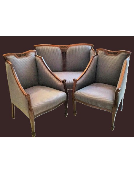 Art Nouveau 3-piece living room furniture, two-seater sofa and 2 armchairs, in walnut, upholstered