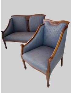 Art Nouveau living room furniture, two-seater sofa and armchair, in walnut, upholstered