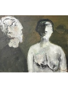 Le tableau « Dialoog » de Frans Minnaert montre homme et femme comme deux figures abstraites dans des couleurs atténuées.