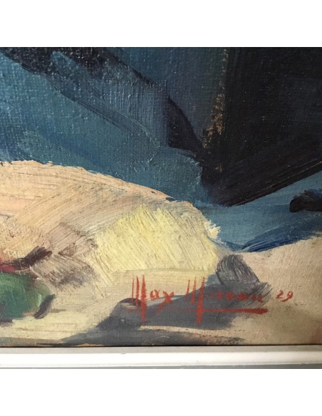 Signature Max Moreau, peinture 1929 - Vendeur de légumes oriental avec citrouilles et poivrons, assis en vêtements traditionnels