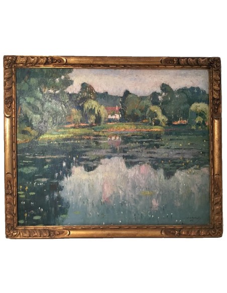 Impressionist landscape painting by De Rakowski with lake, reflections and trees, oil on canvas, 1925