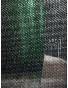 Painting by Wolfgang Koch (1979): A melancholic woman with cigarette and red wine glass sitting at the table with burning candle 2