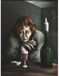 Painting by Wolfgang Koch (1979): A melancholic woman with cigarette and red wine glass sitting at the table with burning candle