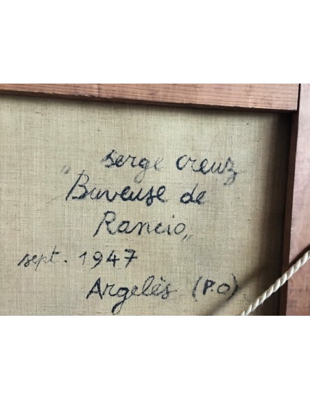 Peinture avec signature et titre Serge Creuz „Buveuse de Rancio“ sept. 1947, Argelès (Po).