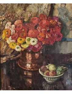 Fernand TOUSSAINT (1873-1956) Vase with flowers and fruit bowl