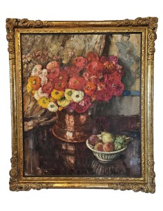 Peinture Fernand Toussaint, bouquet coloré de fleures dans un vase en cuivre avec coupe à fruits sur une table sombre 2