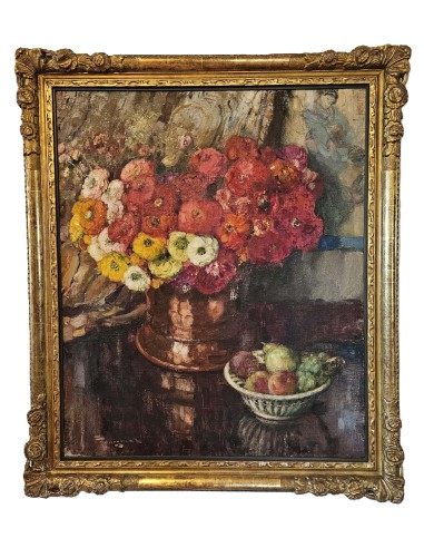 Oil painting Fernand Toussaint, colorful bouquet of ranunculus in copper vase with fruit bowl on a dark table, gilded frame