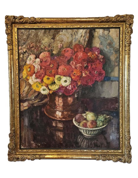 Ölgemälde Fernand Toussaint, bunter Ranunkelstrauß in Kupfervase und Schale mit Obst auf dunklem Tisch, in vergoldetem Rahmen