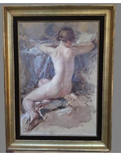 Impressionistisches Aktgemälde André Cluysenaar, sitzende Frau von hinten, angewinkelte Beine, aufgestützt, lesend 2