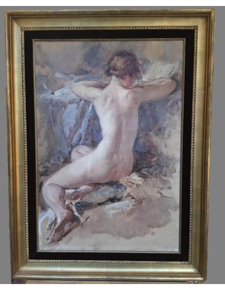 Impressionistisch, Akt Gemälde Cluysenaar, sitzende Frau von hinten, angewinkelte Beine, aufgestützt, lesend, gerahmt