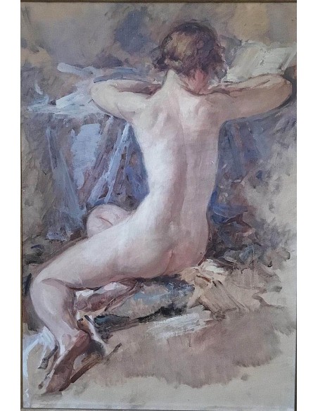 Impressionistisches Aktgemälde André Cluysenaar, sitzende Frau von hinten, angewinkelte Beine, aufgestützt, lesend