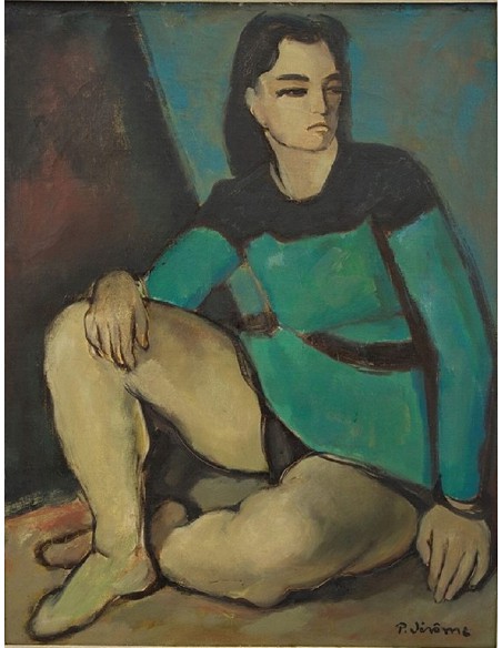 Gemälde Pierre Jérôme, sitzender junger Mann in türkis Kleidung, mit schwarzem längerem Haar, vor blauem Hintergrund.