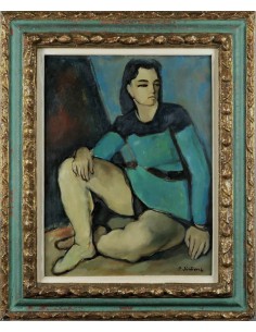 Gemälde Pierre Jérôme, sitzender junger Mann in türkis Kleidung, mit schwarzem längerem Haar, vor blauem Hintergrund. 2