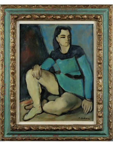 Tableau de Pierre Jérôme, jeune homme assis en vêtements turquoise, aux longs cheveux noirs, dans un cadre vert et or.