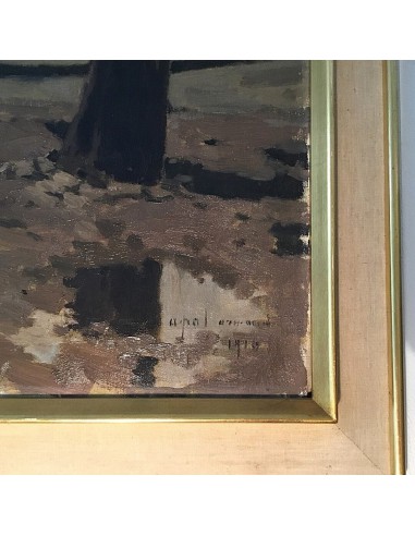 Signature Armand Apol lower right on painting with houseboat, barracks and vegetable stand on a misty riverbank