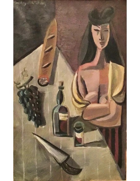 Serge Creuz « Buveuse de Rancio » 1947, représentation cubiste, femme à une table dressée avec du pain, du vin et des raisins.