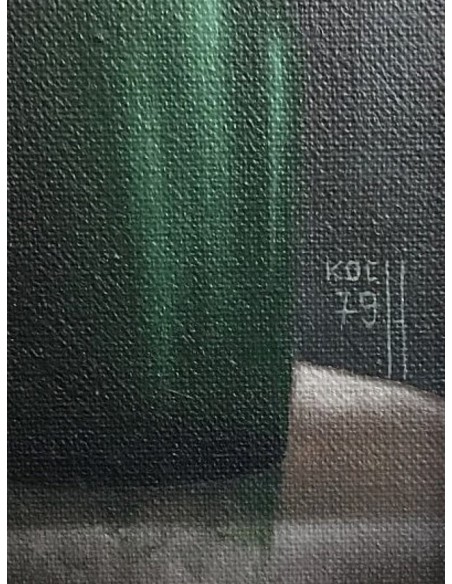 Signature de Wolfgang Koch (1979) : Femme mélancolique avec cigarette et verre de vin rouge assise à table avec bougie allumée