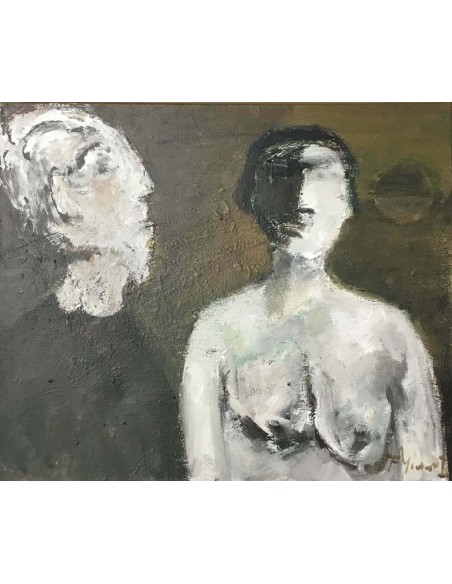 Le tableau « Dialoog » de Frans Minnaert montre homme et femme comme deux figures abstraites dans des couleurs atténuées.