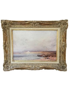 Peinture Henri Duvieux, Vue sur le Bosphore avec Istanbul et minaret en arrière-plan, bateau de pêche et gens sur le rivage 2