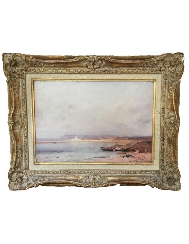 Peinture Henri Duvieux, Vue sur le Bosphore avec Istanbul et minaret en arrière-plan, bateau de pêche et gens sur le rivage