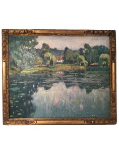 Impressionist landscape painting by De Rakowski with lake, reflections and trees, oil on canvas, 1925 2